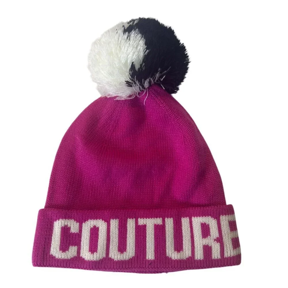 Juicy Couture Pink Knit Beanie With Pom Pom & Bold Logo Design